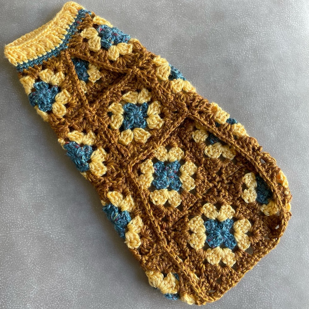 Dog Sweater Extra Small Long Body Gold Blue Crochet Handmade Knit Chihuahua - Picture 2 of 11